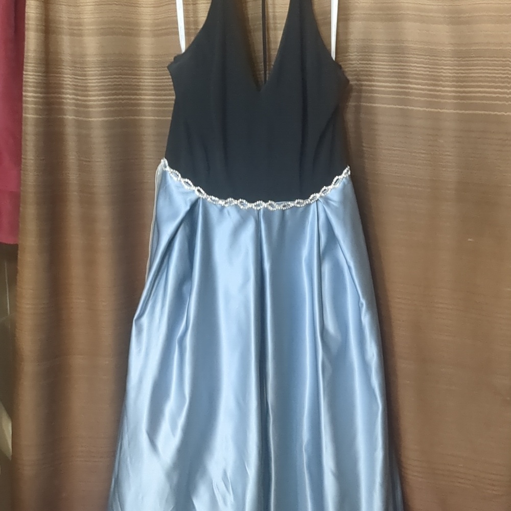 Black and Light Blue Satin Prom Gown with Beaded Waist